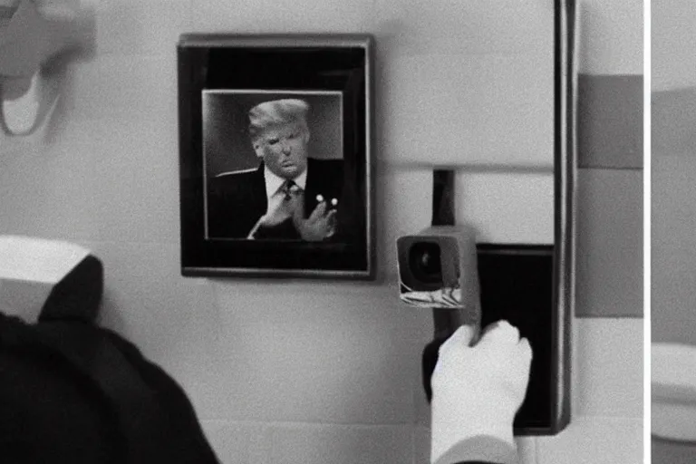 Image similar to black and white security camera footage of Trump putting papers in a toilet, grainy, distorted, blurry