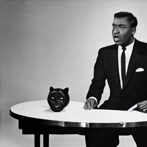 Prompt: 1 9 6 0's news broadcast, a man in vintage suit sitting at a silver desk while being stalked by a gigantic black panther
