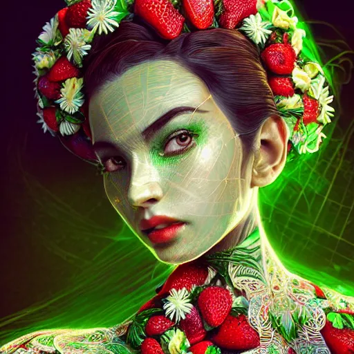 Image similar to the portrait of an absurdly beautiful, graceful, elegant, sophisticated, fashionable ethnic woman made of strawberries and green petals looking up, an ultrafine hyperdetailed illustration by kim jung gi, irakli nadar, intricate linework, bright colors, octopath traveler, final fantasy, unreal engine 5 highly rendered, global illumination, radiant light, detailed and intricate environment