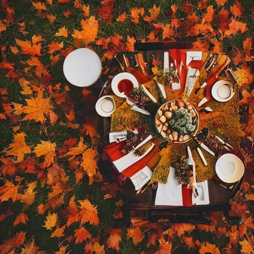 Prompt: fall aesthetic!!, [ table in view ]!!, trending on unsplash, [ 4 k photorealism ]!!, professional photography, [ overhead view ]!, shot by jimmy nelson