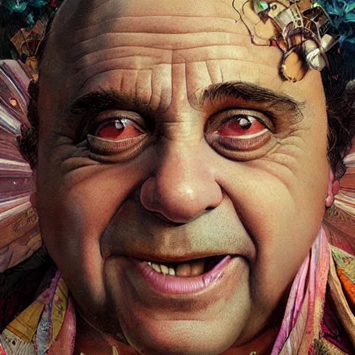 Prompt: Danny Devito as a goddess , A stunning masterpiece, Highly Detailed, Photorealism, by Greg rutkowski, Sachin Teng, Thomas Kindkade, Alphonse Mucha, Norman Rockwell, Tom Bagshaw