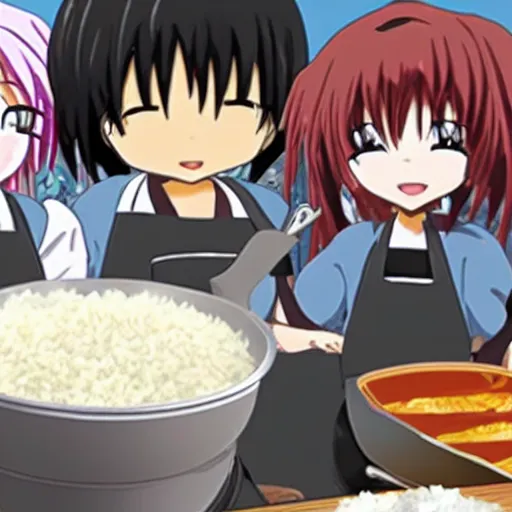 Prompt: 5 anime sisters cooking rice in Daly City creating hot fog