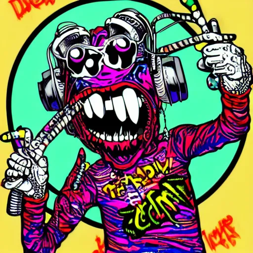 Prompt: todd mcfarlane art, psychedelic laughing demon, rocking out, headphones dj rave, digital artwork, r. crumb, svg vector