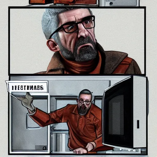 Image similar to Gordon Freeman destroys the microwave, photorealistic