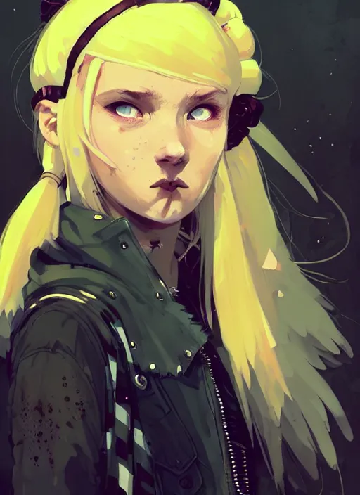 Image similar to highly detailed closeup portrait of a sewer punk pretty swedish female road warrior student, tartan garment, blonde hair pigtails with headband by atey ghailan, by greg rutkowski, by greg tocchini, by james gilleard, by joe fenton, by kaethe butcher, gradient yellow, black, brown and white color scheme, grunge aesthetic!!! white graffiti tag wall background