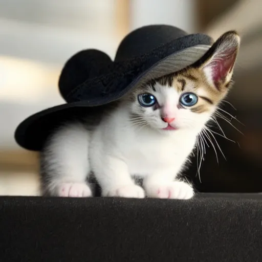 Prompt: a photograph of a kitten wearing a homburg hat