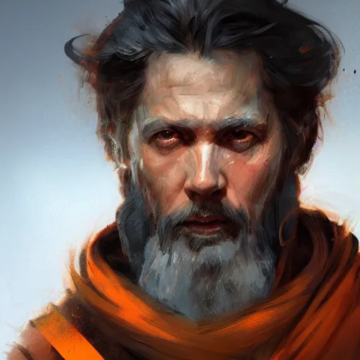 Image similar to portrait of a man by greg rutkowski, jedi master, arabian features, messy long black hair, beard, wearing orange jedi robes, star wars expanded universe, he is about 6 0 years old, highly detailed portrait, digital painting, artstation, concept art, smooth, sharp foccus ilustration, artstation hq