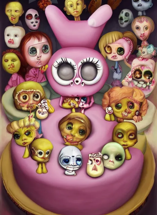 Image similar to fnafs eating cakes painted by mark ryden, detailed digital art, trending on Artstation