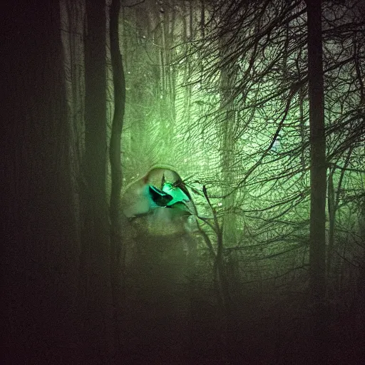 Image similar to grainy trail cam photo still of an alien in the woods at night hiding in the trees of a forest