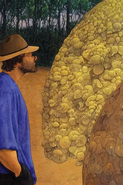 Image similar to an artistic jean giraud portrait of paul stamets admiring the mushroom, renaissance themed