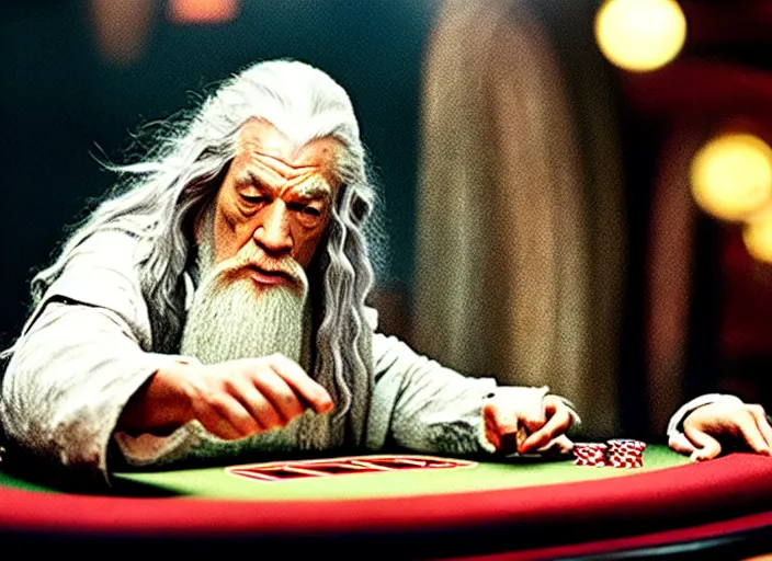 Image similar to film still of gandalf gambling in a casino in new star wars movie, 8 k