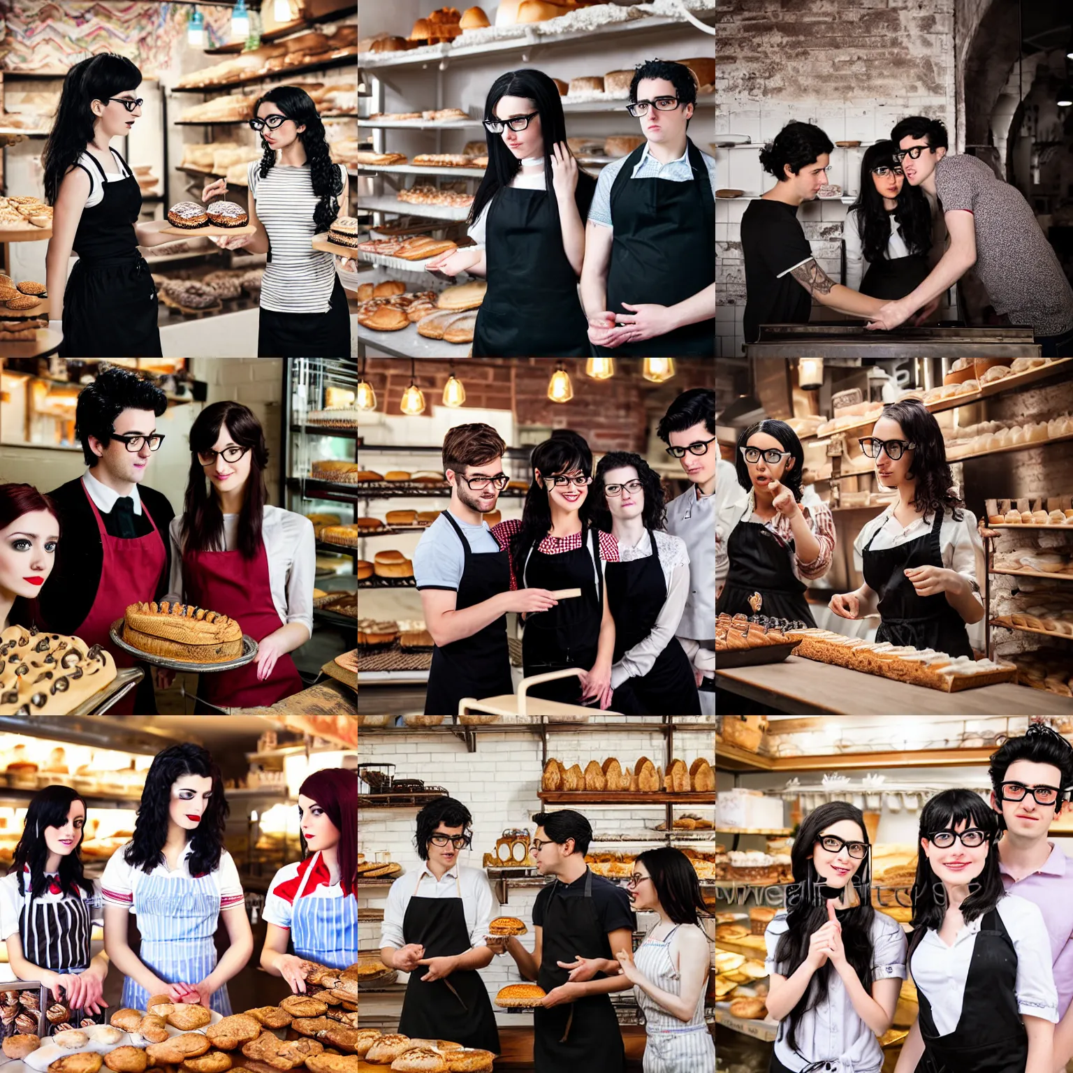 Prompt: Three friends working in a magical bakery, one of the friends is a young man with glasses and black hair, the second friend is a beautiful young woman with brunette hair, the third friend is a cute goth girl with red hair without glasses, wide angle photography, highly detailed and intricate, fantasy bakery interior setting, high resolution photograph