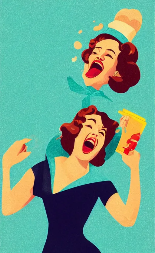 Image similar to illustration with a woman laughing out loud, art deco painting by tom whalen, funny meme photo, trending on behance, digital illustration, storybook illustration, grainy texture, flat shading, vector art, airbrush, pastel, watercolor, poster