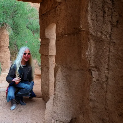 Image similar to a goblin with blonde long hair visiting Valle dei Templi, Agrigento, Italy