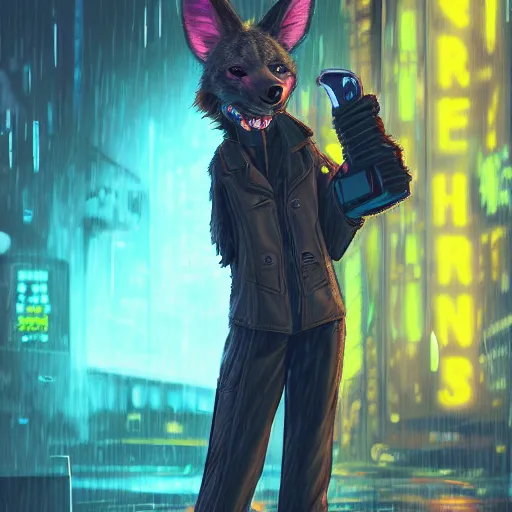 Image similar to digital painting of anthromorphic hyena female smoking cigarrete, fursona, furry fandom, furaffinity, neon rainy cyberpunk setting, anthro, wearing cyberpunk leather jacket, detailed face, blade runner, zootopia style,