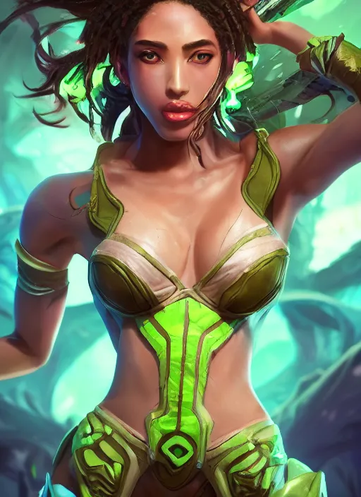 Prompt: senna from league of legends, au naturel, hyper detailed, brown skin, fluorescent green eyes, digital art, trending in artstation, cinematic lighting, studio quality, smooth render, unreal engine 5 rendered, octane rendered, art style by klimt and nixeu and ian sprigger and wlop and krenz cushart