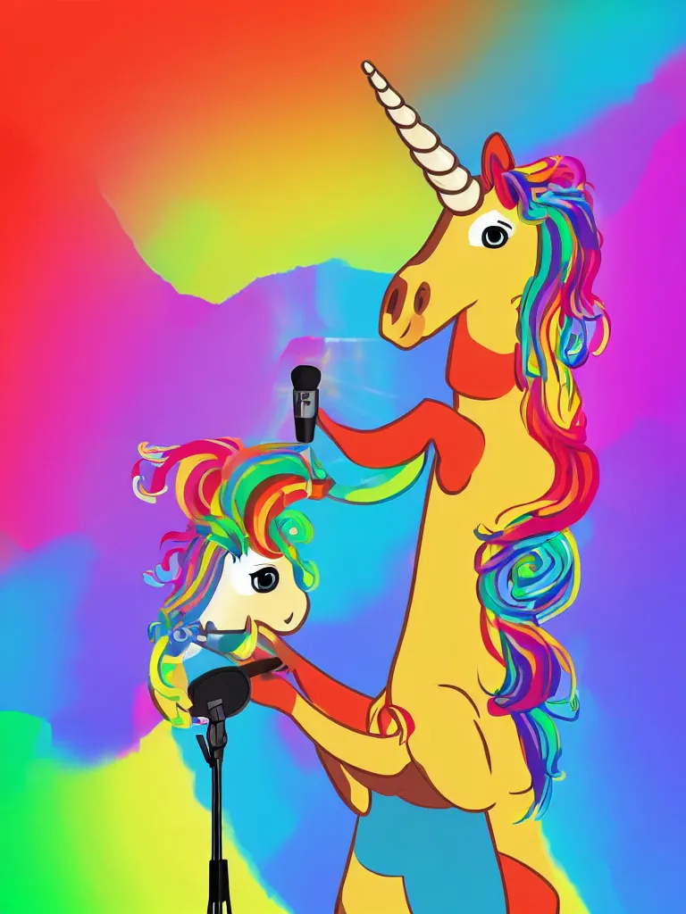 Image similar to a realistic rainbow beat boxing unicorn on stage holding a microphone by Pixar