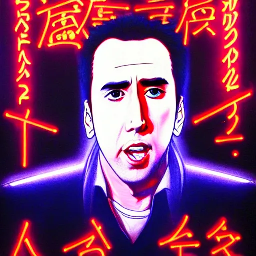 Image similar to beautiful amazing anime portrait painting of nicholas cage in tokyo. neon lights. by hayao miyazaki, katsuhiro otomo, akira toriyama, satoshi kon, eiichiro oda, hideaki anno