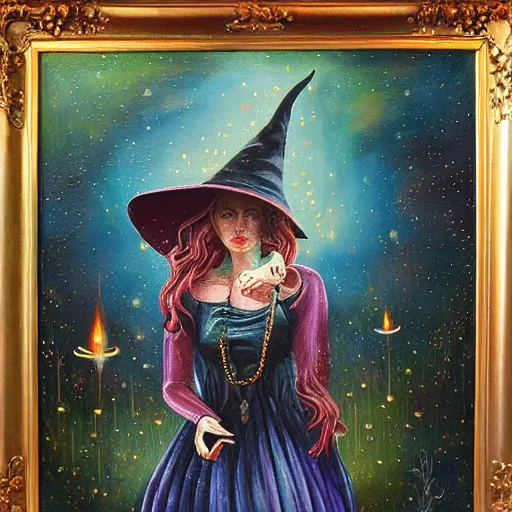 Prompt: dreamy vision of witch walking through heavy rain, epic, cosmic, intricate details, oil on canvas