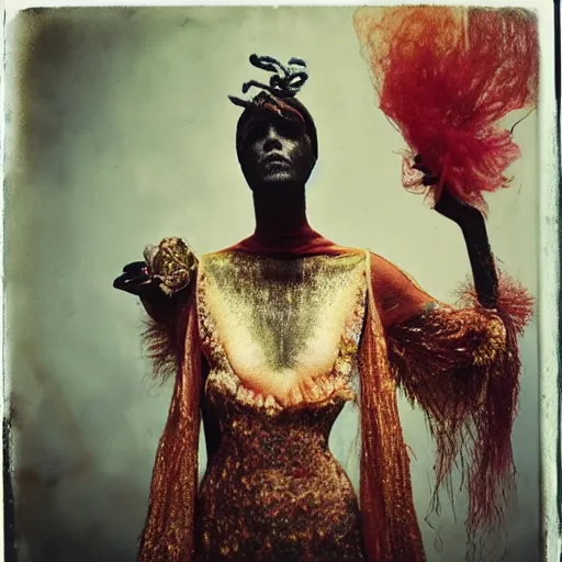 Prompt: kodak portra 4 0 0, wetplate, photo of a surreal artsy dream scene,, weird fashion, ultra - realistic face, expressive eyes, strange pose, full body, extravagant dress, carneval, animal, wtf, photographed by paolo roversi style