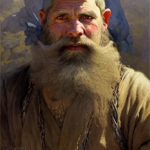 Image similar to highly detailed portrait of a poor town peasant in the form of a beautiful male dwarf with beard. d & d. art by donato giancola, eugene delacroix, ruan jia, carl larsson, peter mohrbacher. trending on artstation, intricate details, energetic composition, fantasy, concept art, illustration, elegant art, global illuminaition