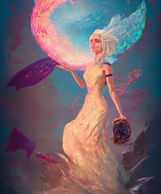 Prompt: delirium portrait of daenerys targaryen, wearing a dress by petros afshar, ross tran, peter mohrbacher, tom whalen, shattered glass, bubbly scenery, radiant light