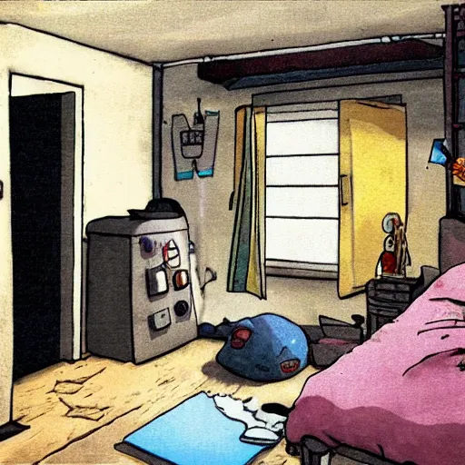 Image similar to a teenage boy's dark and slightly messy bedroom, super detail, studio ghibli