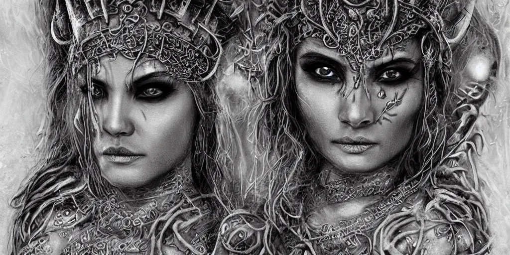 Image similar to Closeup of realistic asian Sumerian Death Goddess chalk skin etched with runic icons + mystical symbols, with small bleached bones covering vest and flowing electricity and smoke , fantasy, intricate, elegant, highly detailed, digital painting, artstation, concept art, matte, sharp focus, photoreal, ghostbusters poster, art by Artgerm and peter mordenbacher,Mike Winkelmann, photo real, ultra realistic, intricate, epic lighting, 8k resolution, unreal engine 5, ultraviolet colors