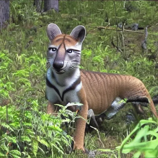 Prompt: tasmanian tiger trailcam. realistic. found footage