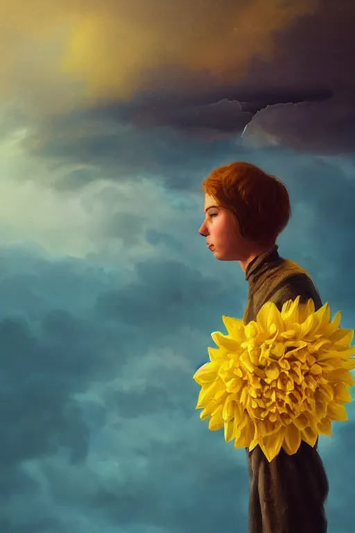 Image similar to closeup girl with huge yellow dahlia flower face, intricate, standing on mountain, surreal photography, blue storm clouds, dramatic light, impressionist painting, digital painting, artstation, simon stalenhag