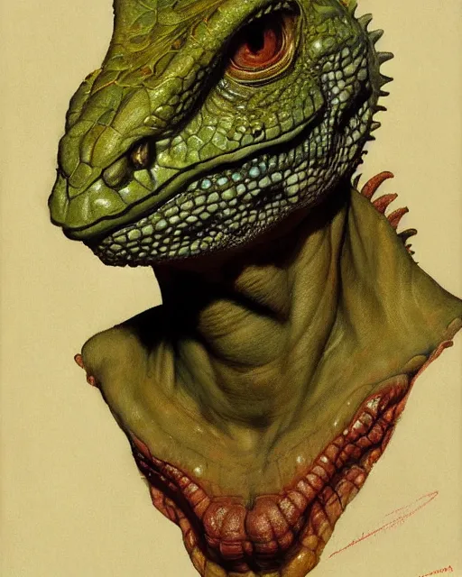 Image similar to upper body and head portrait of lizard man, by norman rockwell, roberto ferri, daniel gerhartz, edd cartier, jack kirby, howard v brown, ruan jia, tom lovell, frank r paul, jacob collins, dean cornwell, 5 0 s pulp scifi fantasy illustration