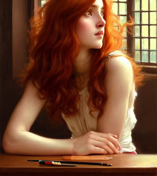 Image similar to portrait of a beautiful auburn - haired woman sitting upon a table with heightened detail, poised, intense emotion, detailed facial expression, detailed surroundings, intricate, elegant, highly detailed, centered, digital painting, artstation, concept art, smooth, sharp focus, illustration, by ( john william waterhouse ), wlop