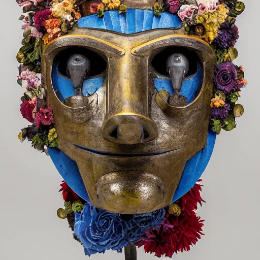 Image similar to a sculpture of a robot wearing a mask made of flowers, by annie swynnerton and diego rivera, symbolist, dramatic lighting, elaborate geometric ornament, art brut, soft cool colors, smooth, sharp focus, extremely detailed, adolf wolfli