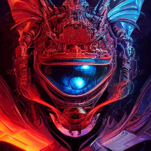 Prompt: portrait of a demonic dragon, celestial. intricate abstract. cyberpunk, vhs glitch. glorious cosmic helmet. intricate artwork. immaculate. holy. empty oxygen tank. by wlop, Antoine Collignon, dan mumford. octane render, CGSociety, dan witz very coherent symmetrical artwork. cinematic, hyper realism, high detail, octane render, 8k, iridescent accents, deep color
