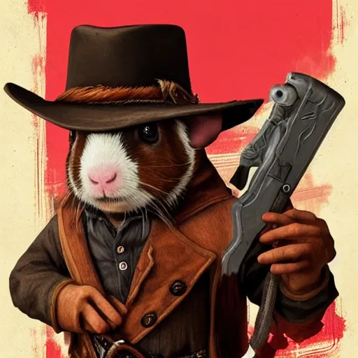 Image similar to cute little anthropomorphic Guinea Pig Red Dead Redemption 2 (2018 videogame) cover art, ultra wide lens shot , tiny, small, short, cute and adorable, pretty, beautiful, DnD character art portrait, matte fantasy painting, DeviantArt Artstation, by Jason Felix by Steve Argyle by Tyler Jacobson by Peter Mohrbacher, cinematic lighting