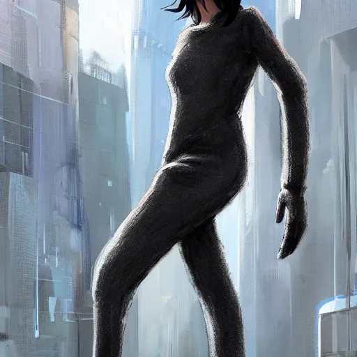 Prompt: scifi art by greg rutkowsky, a very tall and slim girl with black bob hair with two strands around her face, wearing a oversized jumper jumpsuit, walking through a futuristic city, scifi environment, highly detailed portrait, digital painting, artstation, concept art, smooth, sharp foccus ilustration, artstation hq