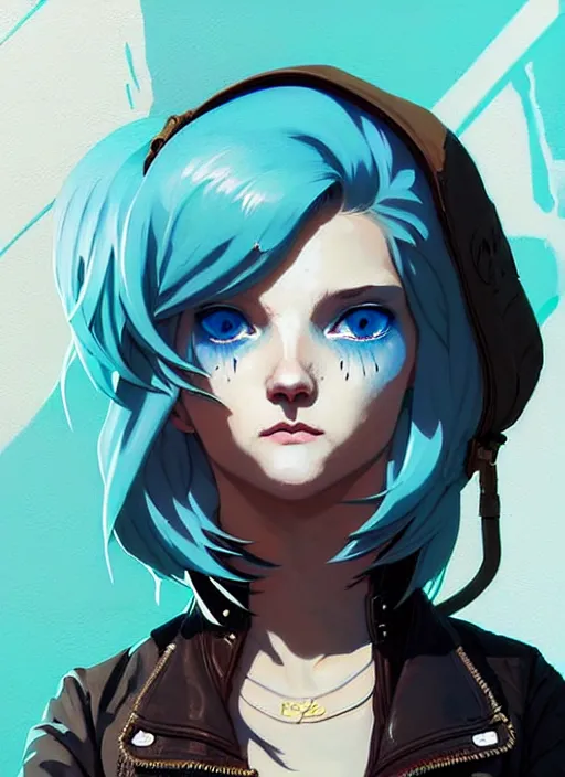 Image similar to highly detailed portrait of a sewer punk lady student, blue eyes, leather jacket, white hair by atey ghailan, by greg rutkowski, by greg tocchini, by james gilleard, by joe fenton, by kaethe butcher, gradient blue, black, brown and cyan color scheme, grunge aesthetic!!! ( ( graffiti tag wall background ) )