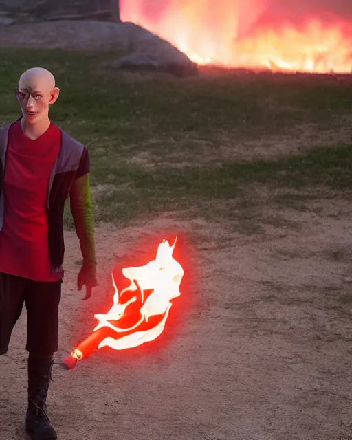 Prompt: photograph, squidward wearing fire nation clothing and practicing firebending outside at susnset