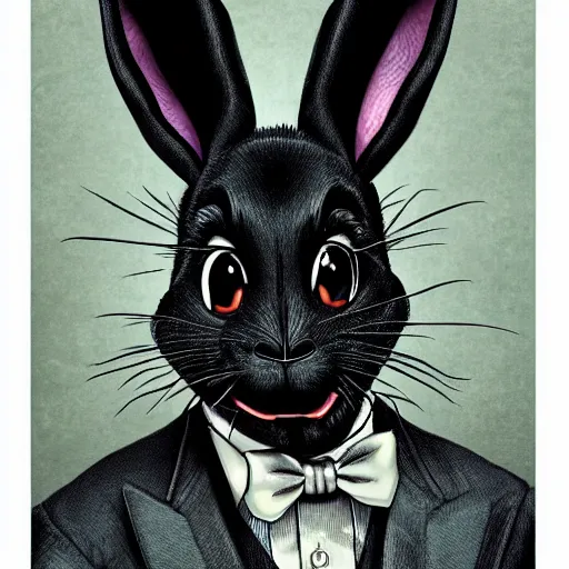 Image similar to A extremely highly detailed majestic hi-res beautiful, highly detailed head and shoulders portrait of a scary terrifying, horrifying, creepy black cartoon rabbit with a bowtie and scary big eyes, earing a shirt laughing, hey buddy, let's be friends, in the style of Walt Disney