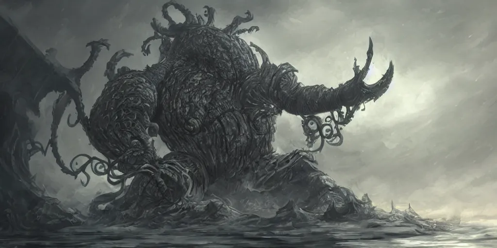 Image similar to a giant kraken as a dark souls final boss, concept art, digital painting, trending on arstation