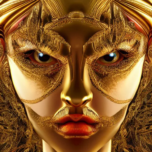 Image similar to a beautiful symmetrical face made of golden ornaments by alex gray and android jones , Karol Bak, Ayami Kojima, Amano , 3D, 8k resolution