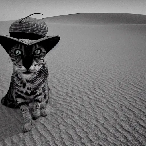 Image similar to photo taken on a pentax a cat witn a sombrero on his head, who riding on top of a donkev. thev in the middle of the sahara dessert.