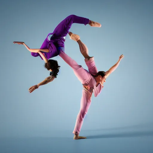 Prompt: a jiu jitsu athlete and a ballet dancer doing an extreme stretch choreography, dance photography, pastel colors palette, 3 d scan, high detail, zoom in, foreshortening, natural light