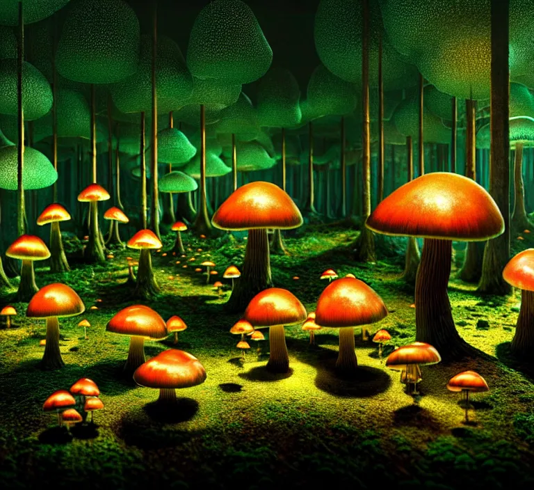 Image similar to hyperrealism photography hyperrealism concept art of highly detailed glowing with a million different species of mushrooms in forest at night highly detailed futuristic ( fantasycore ) city by wes anderson and hasui kawase and scott listfield sci - fi style hyperrealism rendered in blender and octane render volumetric natural light