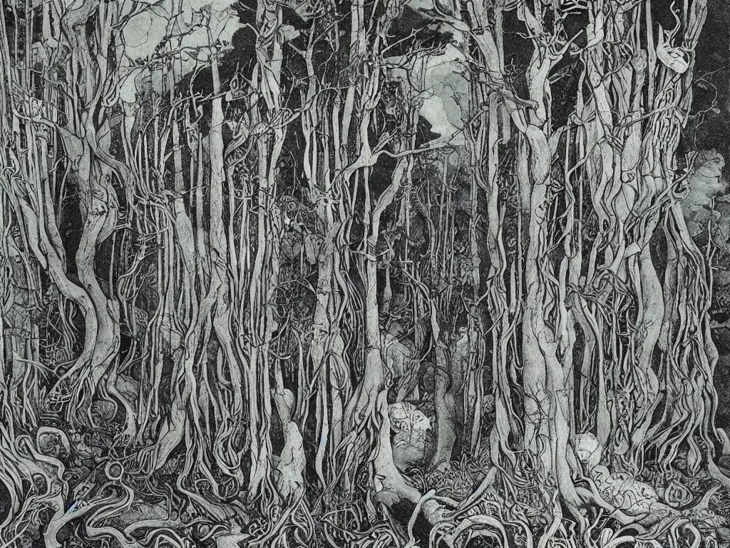 Prompt: dense ancient forest, artstation, by aubrey beardsley, by caspar david friedrich, by laurie lipton, by kay nielsen, by ivan shishkin, calligraphy, divine, paradox, gnarly trees, terrifying, witchcraft!, hope, mountains background