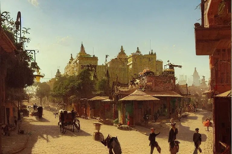 Image similar to cactus-lined street at dawn in a very beautiful Wild west city in summer by Ludwig Deutsch and Rudolf Ernst, colorful architecture, strong dramatic cinematic lighting, lost civilizations, smooth, sharp focus, extremely detailed