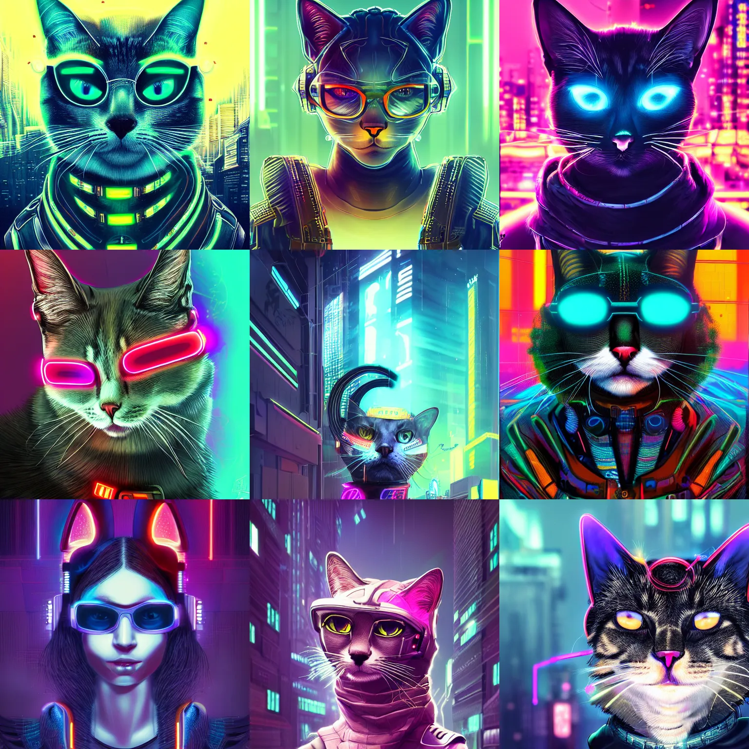 Image similar to portrait of a beautiful cyberpunk cat, background with neon, digital art, highly-detailed, artstation, cgsociety