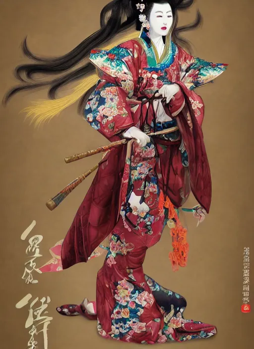 Image similar to full body portrait of a female kitsune peking opera actress by wlop, wuxia, xianxia, kitsune, fox, nine - tailed fox, peking opera, lithe, absurdly beautiful, detailed, realistic, anatomically accurate, fantasy illustration, artstation, wlop, 4 k.