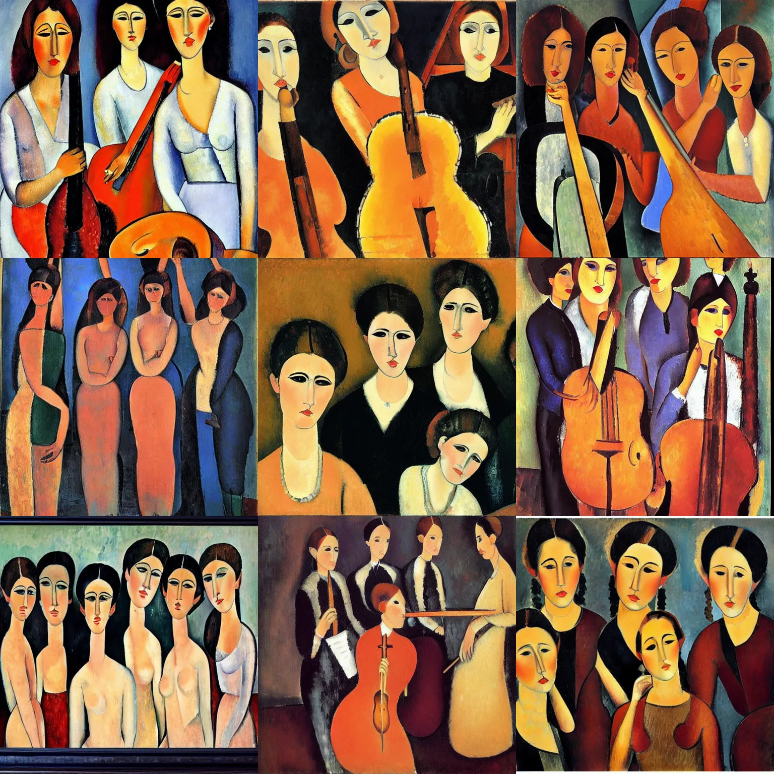 Prompt: group of female musicians, modigliani painting style