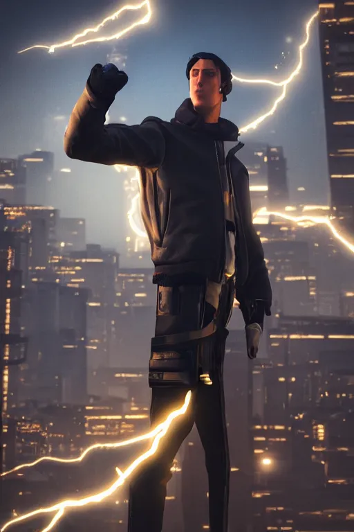 Image similar to man with lightning in his hands flying several meters above the ground with his arms crossed and with a long jacket, cyberpunk, in Paris,, realistic, high definition, many details, symmetrical face, realistic eyes, unreal engine art 5